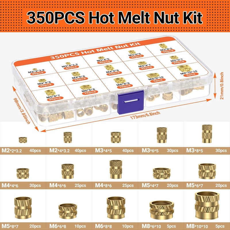 Preciva Heat-Set Insert Tip Set - Soldering Iron with 350Pcs Thread Inserts, 6Pcs Heat-Set Insert Tips (M2 M3 M4 M5 M6 M8), 2Pcs Soldering Tip Connecting Rods and 1Pc Tweezers - Image 3